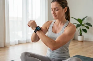 Femme en tenue de sport consultant sa montre connectée sur un tapis de yoga dans un intérieur minimaliste lumineux
