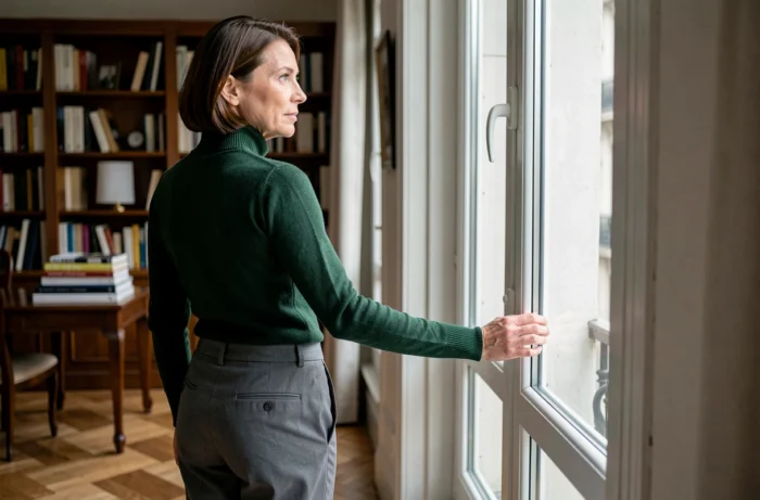 Femme posée de dos près d'une fenêtre d'appartement parisien, tenue élégante, regard vers l'extérieur, atmosphère de recueillement et de vie privée