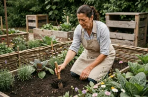 Femme jardinant en permaculture avec un outil en bois dans un potager en lasagnes richement planté