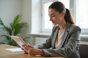 Femme utilisant une plateforme numérique immobilière sur tablette dans un bureau à domicile moderne