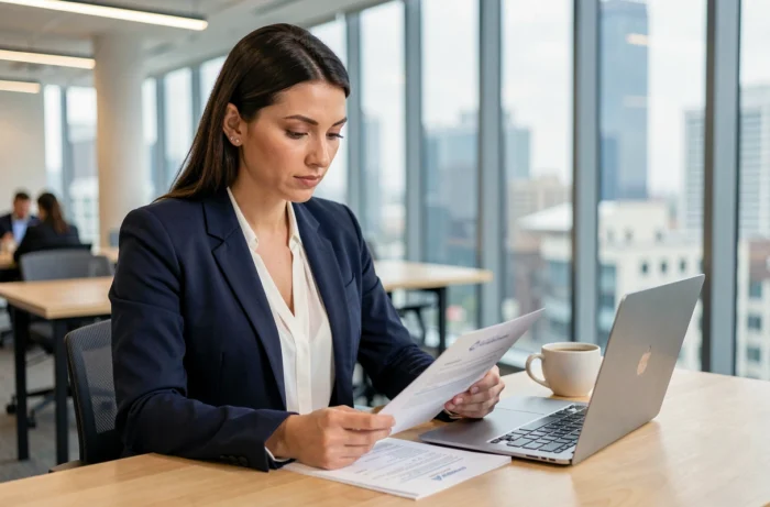 Femme professionnelle en blazer marine révisant son CV dans un espace de coworking moderne avec vue sur la ville