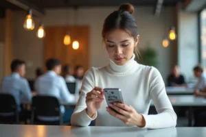 Femme examinant un prototype de smartphone futuriste dans un espace de travail tech moderne