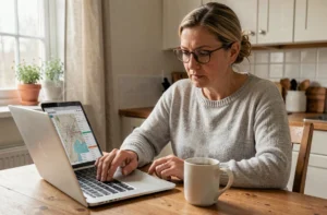 Femme consultant un annuaire en ligne sur son ordinateur portable pour trouver les noms des habitants d'une rue
