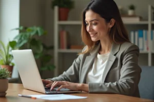 Femme consultant des offres d'emploi sur un ordinateur portable dans un bureau à domicile