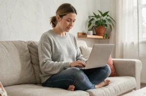 Femme cherchant une maison idéale sur un ordinateur portable depuis son salon confortable