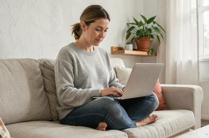 Femme cherchant une maison idéale sur un ordinateur portable depuis son salon confortable