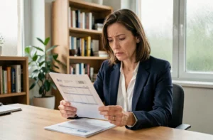 Femme consultant un relevé bancaire La Banque Postale à son bureau pour comprendre un délai d'opération