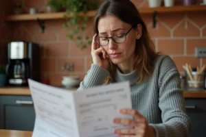Femme inquiète examinant un relevé bancaire avec un paiement inconnu de l'imprimerie Natio Flers à la maison