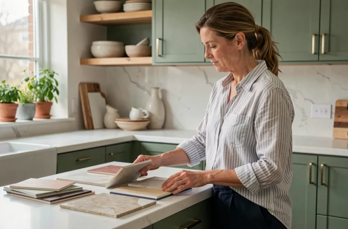 Femme dans une cuisine rénovée aux meubles vert sauge examinant des échantillons de matériaux et de carrelage sur un plan de travail en quartz blanc