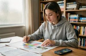 Jeune femme consultant des notes et un smartphone pour résoudre des énigmes du jeu Rooms and Exits