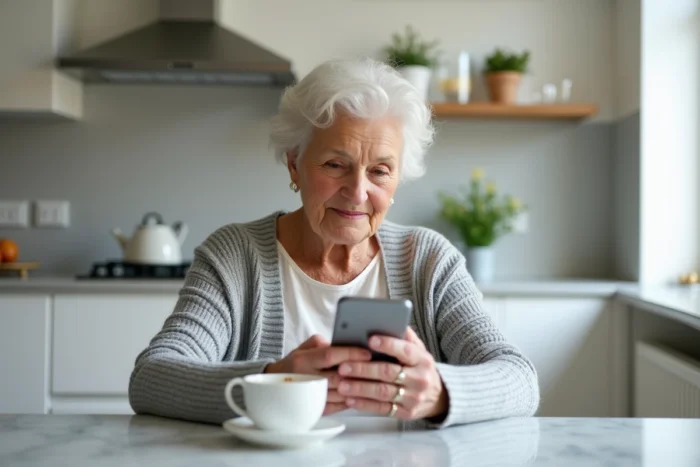 Femme retraitée utilisant son smartphone pour retrouver ses identifiants de connexion à l'espace famille SNCF