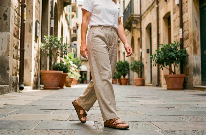 Femme en tenue décontractée portant des sandales Birkenstock en marchant sur un trottoir en pierre dans une ville européenne ensoleillée