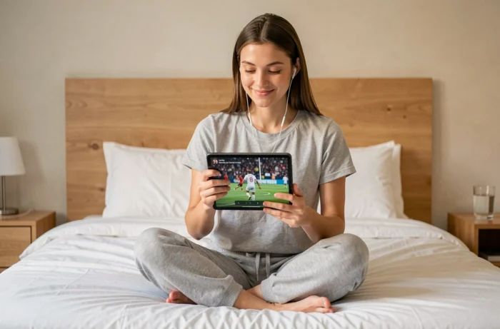 Jeune femme regardant un match de football en streaming sur une tablette dans sa chambre