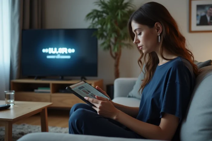 Femme consultant une tablette pour trouver un site de streaming alternatif depuis son salon