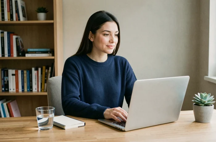 Jeune femme en téléconsultation médicale sur son ordinateur portable dans un bureau à domicile calme et organisé