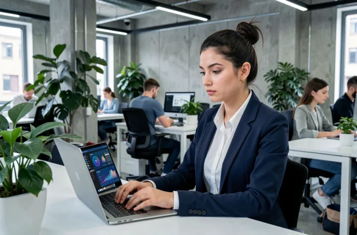 Jeune femme utilisant un VPN sur son ordinateur portable dans un espace de coworking moderne