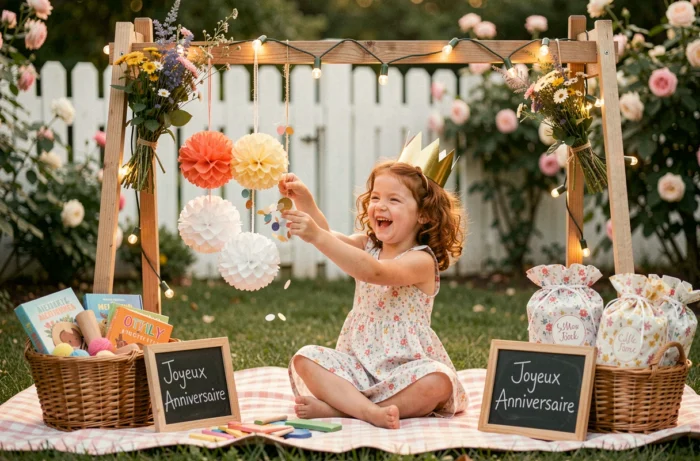 Petite fille avec couronne dorée entourée de pompons en papier et kits créatifs lors d'un anniversaire original dans le jardin