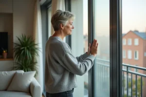 Femme installant un film opacifiant sur une fenêtre pour se protéger d'un vis-à-vis en hauteur dans un appartement moderne