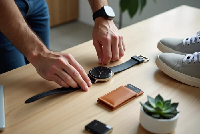 Flat lay tendance d'accessoires lifestyle masculins sur surface en chêne clair dans un studio minimaliste contemporain