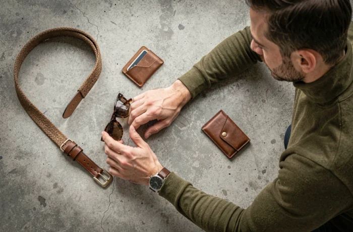 Flat lay d'accessoires de mode pour homme saison automne-hiver, montre en cuir, lunettes de soleil et ceinture tressée