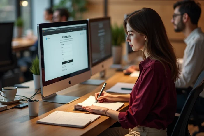 Jeune femme remplissant un formulaire de contact pour envoyer des suggestions à une rédaction en ligne