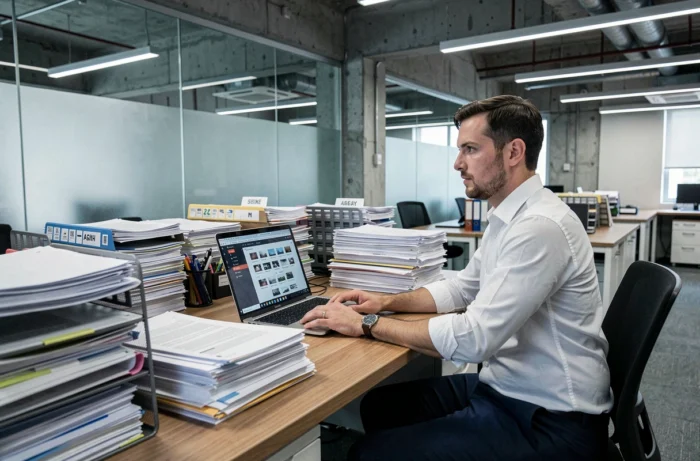Administrateur de bureau gérant des archives numériques et papier sur un poste de travail professionnel en open space