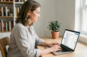 Femme gérant son bien immobilier à distance depuis un bureau à domicile via une interface de gestion en ligne