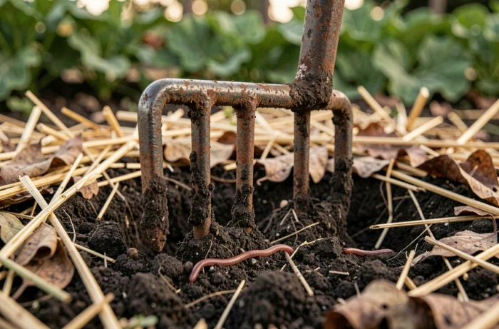 Gros plan sur les dents d'une grelinette plantées dans un sol riche en vers de terre pour un jardinage écologique