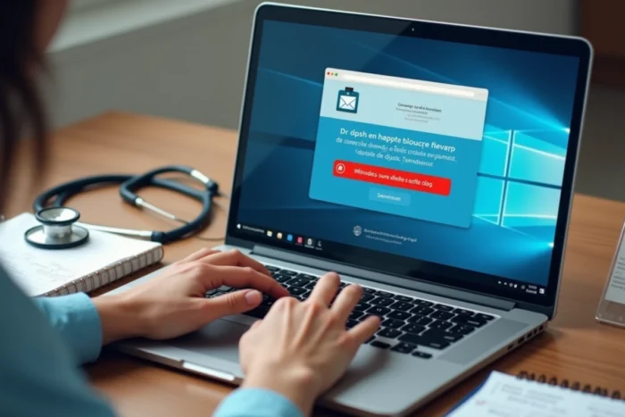 Gros plan des mains d'un employé hospitalier tentant de se connecter à la messagerie AP-HP avec un message d'erreur visible sur l'écran