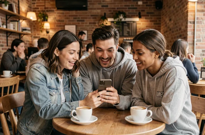 Groupe d'amis réagissant ensemble à un contenu viral sur un smartphone dans un café urbain