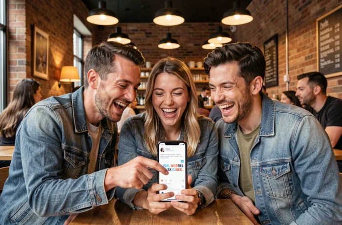 Groupe d'amis réagissant avec amusement à un nom viral énigmatique affiché sur un smartphone dans un café urbain