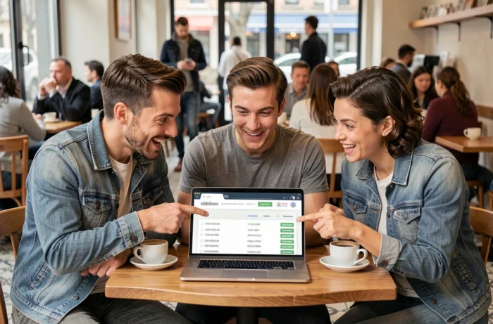 Groupe de personnes discutant des nouvelles adresses officielles de sites de téléchargement autour d'un ordinateur portable dans un café