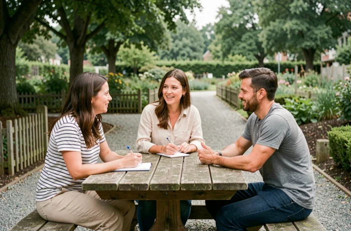 Groupe de parents réunis en discussion dans un parc communautaire, illustrant l'accompagnement parental et le partage de conseils éducatifs