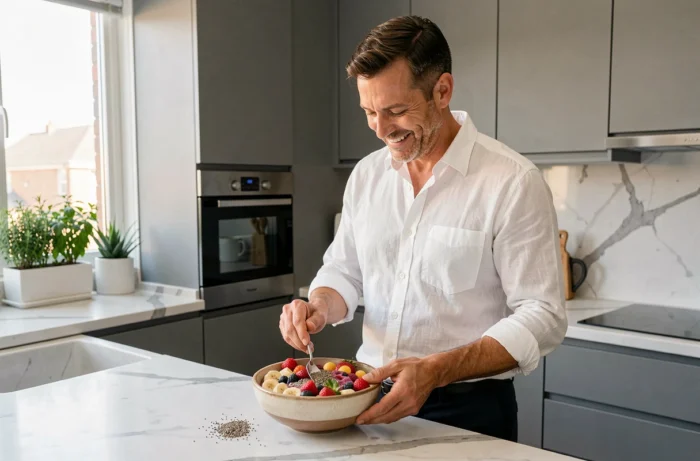 Homme préparant un bol de smoothie aux fruits frais dans une cuisine moderne pour une alimentation saine au quotidien