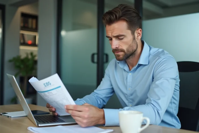Homme en bureau comparant une facture suspecte de Natio Flers avec les données de son ordinateur portable