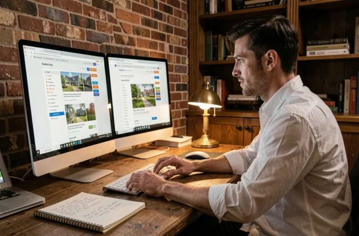 Homme comparant des annonces immobilières sur un écran d'ordinateur dans un bureau à domicile