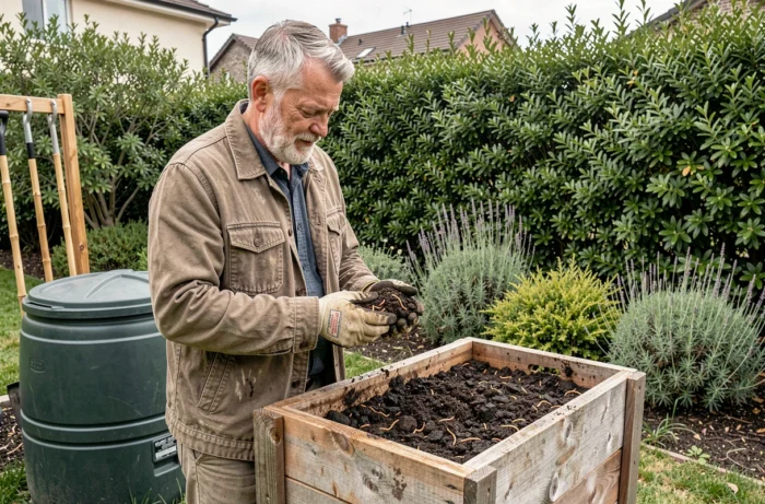 Homme inspectant du compost fini près d'un composteur en bois et d'un récupérateur d'eau de pluie dans un jardin en permaculture