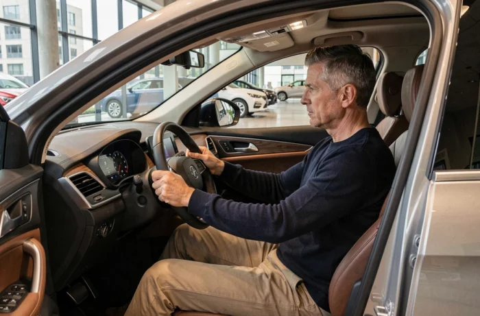 Homme assis au volant d'un SUV récent dans un showroom automobile intérieur moderne