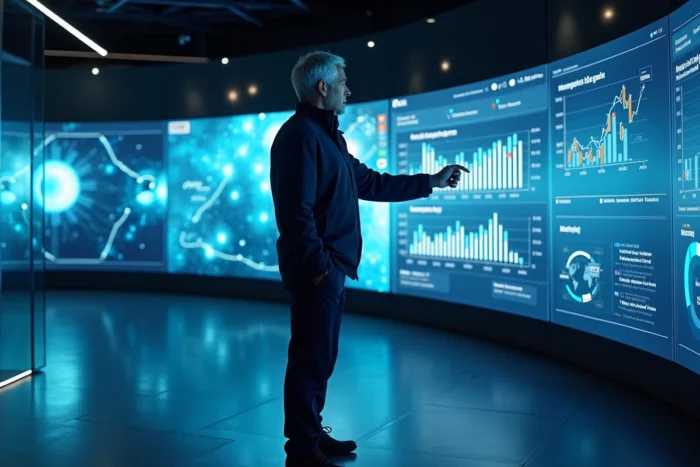 Homme en veste technique présentant des données d'innovation sur un mur d'écrans OLED courbés