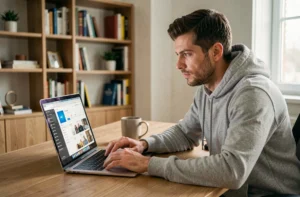 Homme utilisant un ordinateur portable pour naviguer sur des sites de téléchargement en 2023