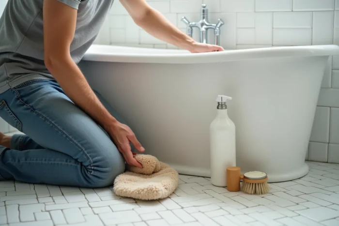 Homme nettoyant une baignoire avec des produits écologiques et des accessoires ménagers zéro déchet dans une salle de bain