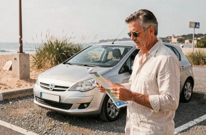 Homme consultant un plan de parking près de la plage de Pise à côté de sa voiture garée dans une zone ombragée