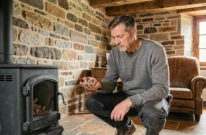Homme examinant des pellets Piveteau près d'un poêle à granulés dans une maison en pierre