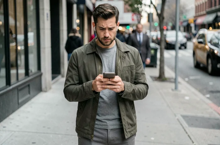 Homme consultant son téléphone dans la rue avec une expression perplexe face à un phénomène viral