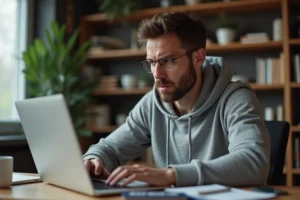 Homme frustré cherchant une alternative à un site de streaming en panne sur son ordinateur portable