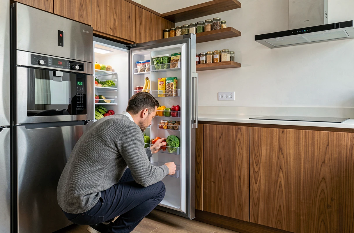 Homme inspectant un réfrigérateur intelligent avec affichage numérique dans une cuisine connectée