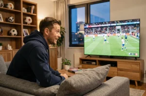 Homme regardant un match de football en streaming sur sa télévision dans un salon moderne et cosy