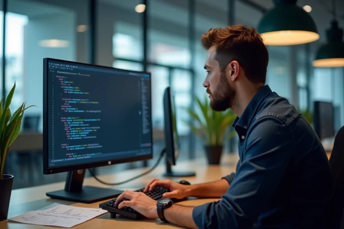 Homme en espace de coworking consultant des requêtes SQL sur Microsoft Access avec un antisèche imprimé posé sur le bureau