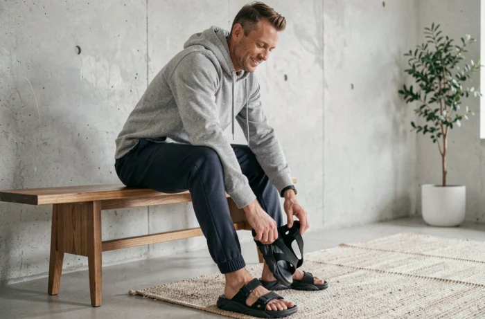 Homme décontracté enfilant des sandales Billowy en mousse dans un appartement au style scandinave minimaliste, illustrant le confort de récupération