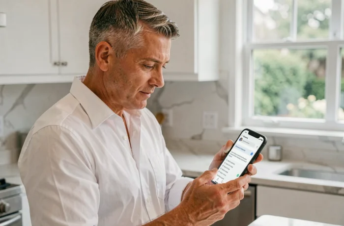Homme consultant son smartphone pour trouver une alternative à un site web bloqué dans sa cuisine